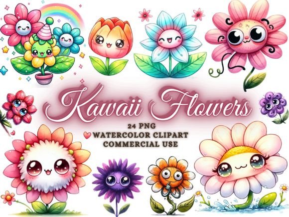 Adorable Watercolor Kawaii Flower Clipart