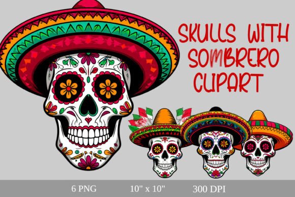 Colorful Skulls with Sombrero Clipart