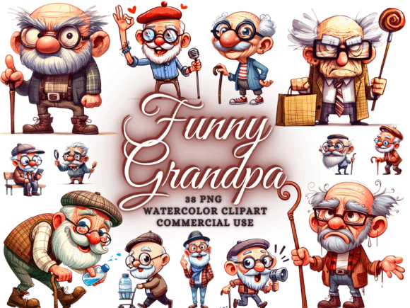 Funny Grandpa Clipart: Whimsical Watercolor Art