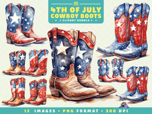 Watercolor 4th of July Cowboy Boots PNG