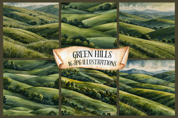 Watercolor Rolling Green Hills Illustra
