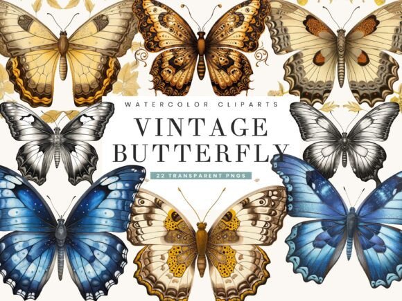 Watercolor Vintage Butterfly Clipart
